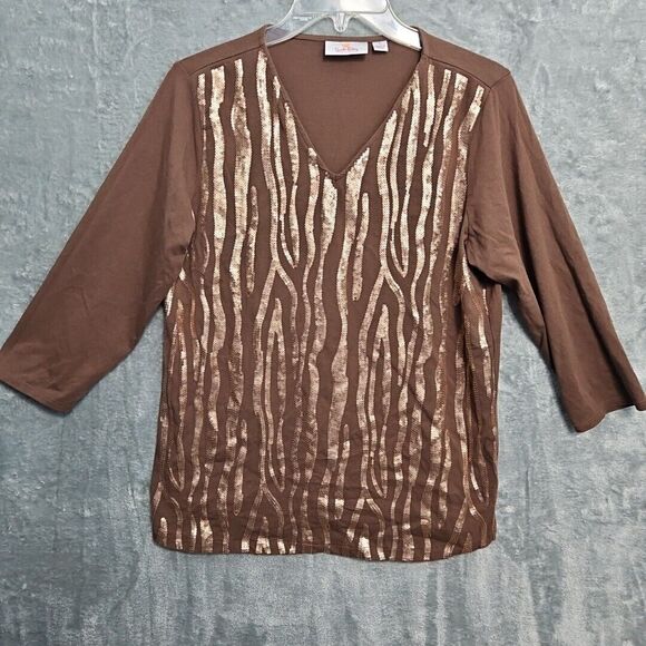 Quacker Factory size small top Brown 3/4 sleeve cotton blend sparkle embellished - Picture 1 of 10